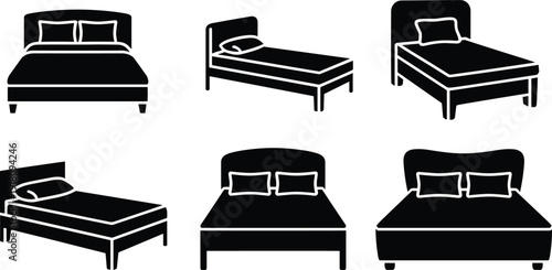 Bed silhouette icon set vector illustration, bedroom furniture collection, modern sleeping beds isolated on white background for interior design projects