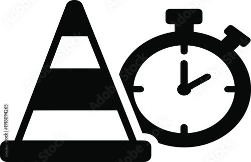 A traffic cone and a stopwatch symbolizing time and traffic management