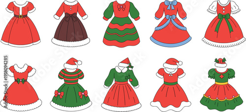 Collection of festive Christmas dresses in red, green, and white with bows, holly, fur trim, and decorative accents, perfect for holiday crafts and design.