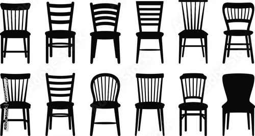 Chair silhouette set vector illustration, wooden dining furniture icons collection, isolated black seating shapes on white background for interior projects