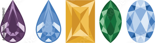 Colorful gemstone set vector illustration, faceted crystal jewels collection, isolated precious stones on white background for jewelry design projects