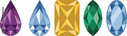Colorful faceted gemstone vector set, crystal jewel shapes collection, isolated precious stones on white background for luxury jewelry branding projects