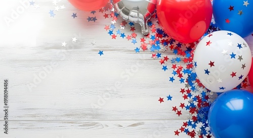 Patriotic balloons and confetti on white background for independence day celebrations