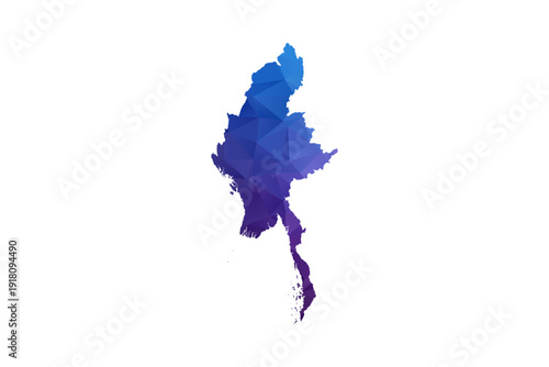 Myanmar Map - Polygon Style Vector Illustration in Blue and Purple Gradient, Low Poly Geometric Design, Isolated on White Background, Ideal for Infographics and Learning Materials.