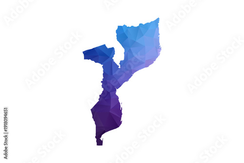 Mozambique Map - Polygon Style Vector Illustration in Blue and Purple Gradient, Low Poly Geometric Design, Isolated on White Background, Ideal for Infographics and Learning Materials.
