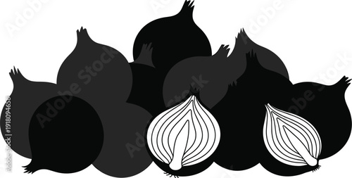 Black and white onion silhouettes set, whole and sliced vegetable illustration isolated on white background for culinary design