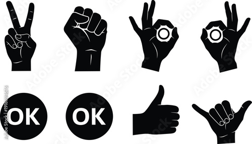 Vector Hand Gestures Silhouette Icons Including Peace Sign, Thumbs Up, Fist, and OK Symbols for Communication, Approval, and Nonverbal Expression