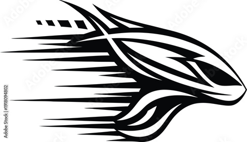 A sleek black and white illustration of a fish in motion.