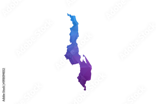 Malawi Map - Polygon Style Vector Illustration in Blue and Purple Gradient, Low Poly Geometric Design, Isolated on White Background, Ideal for Infographics and Learning Materials.