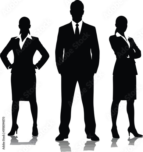 Silhouettes of three confident business professionals in dark formal attire stand against a stark white background.