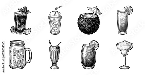 Set of eight vintage hand drawn tropical cocktails and cold beverages in woodcut engraving style