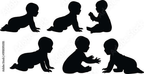 Vector Silhouettes of Crawling and Sitting Babies, Set of Icons Featuring Infants Playing and Developing for Baby Shower and Parenting Designs