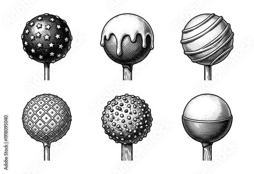 Set of six hand drawn cake pops and round lollipops with various decorations in vintage engraving style.