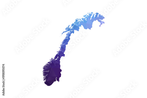 Norway Map - Polygon Style Vector Illustration in Blue and Purple Gradient, Low Poly Geometric Design, Isolated on White Background, Ideal for Infographics and Learning Materials.