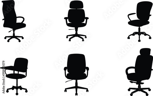 Office chair silhouette collection, ergonomic swivel computer chairs set isolated on white background, modern furniture flat vector illustration