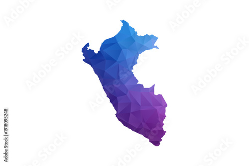 Peru Map - Polygon Style Vector Illustration in Blue and Purple Gradient, Low Poly Geometric Design, Isolated on White Background, Ideal for Infographics and Learning Materials.
