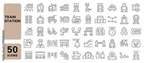 Set of 50 line icons related to train station, railways, subway, railway station, train bridge, metro, rail transport, train, Editable stroke. Vector illustration