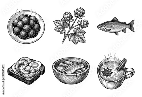 Vintage woodcut style collection of Scandinavian food icons including meatballs cloudberries fish smorrebrod pickled herring and spiced mulled wine