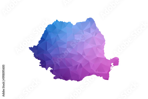 Romania Map - Polygon Style Vector Illustration in Blue and Purple Gradient, Low Poly Geometric Design, Isolated on White Background, Ideal for Infographics and Learning Materials.