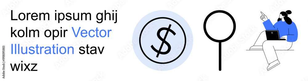 Obraz premium Business analysis, remote work, finance, research, teamwork, freelance concepts. Dollar sign, magnifying glass person on laptop. Business analysis and remote work concept