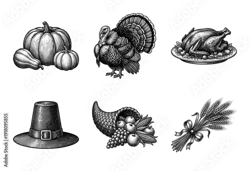 Vintage Thanksgiving collection featuring hand drawn woodcut style illustrations of turkey pumpkins cornucopia pilgrim hat and wheat stalks