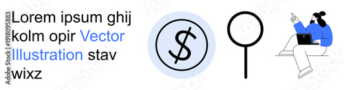 Business analysis, remote work, finance, research, teamwork, freelance concepts. Dollar sign, magnifying glass person on laptop. Business analysis and remote work concept