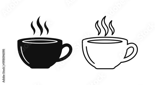 Two coffee cups with steam, black and white, minimalist, simple, design, illustration Vector