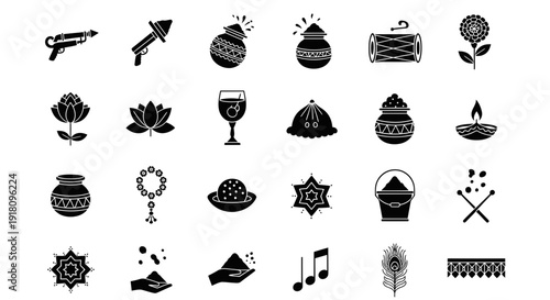 Black icons of spiritual and cultural symbols including lotus flowers wine glasses and musical notes on white background for design and creative projects