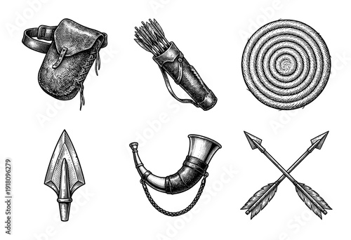 Set of medieval archery and hunting equipment icons including a quiver, arrows, broadhead, horn, and target in vintage woodcut engraving style.
