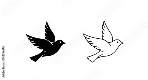 Two birds flying in opposite directions black and white illustration Vector