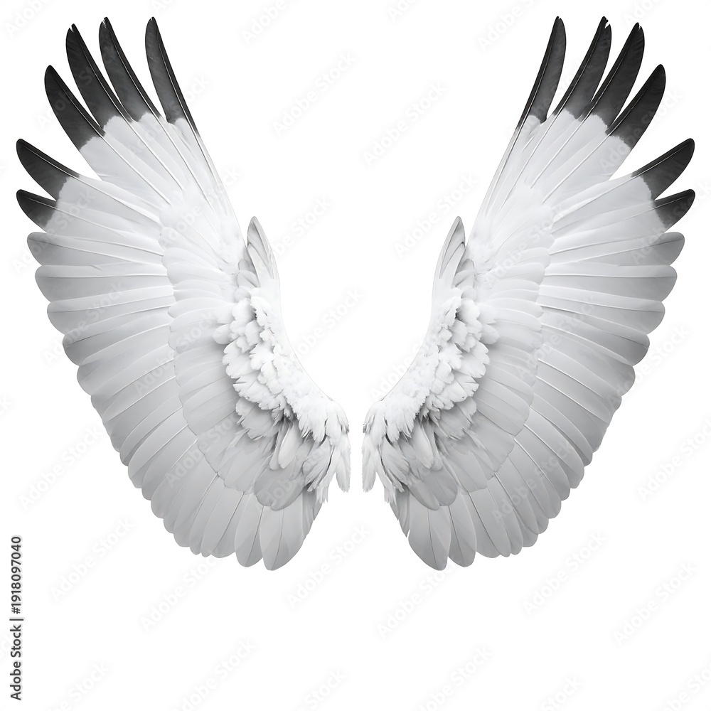 Fototapeta premium Angelic white feathered wings spread with darker feather tips on a bright, clean, white backdrop