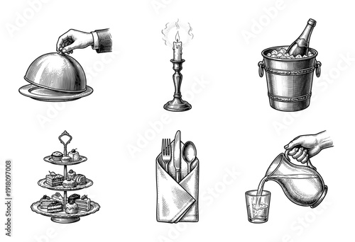 Vintage engraving style collection of fine dining and restaurant service icons featuring a cloche candle champagne bucket dessert stand cutlery and pitcher