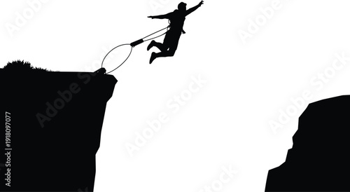 Bungee jumping silhouette of extreme sport man leaping from high cliff with safety rope. Adventure adrenaline activity vector isolated on white background for design.