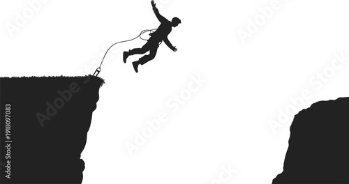 Bungee jumping silhouette of extreme sport man leaping from high cliff with safety rope. Adventure adrenaline activity vector isolated on white background for outdoor concept.
