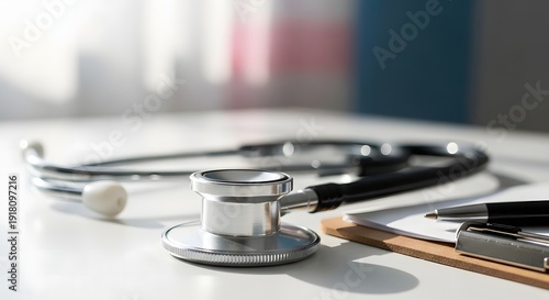 Medical stethoscope on a white table with clipboard and pen
