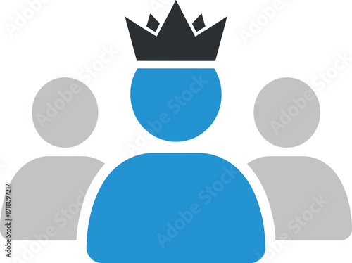 Blue person wearing crown between two gray people leadership king queen