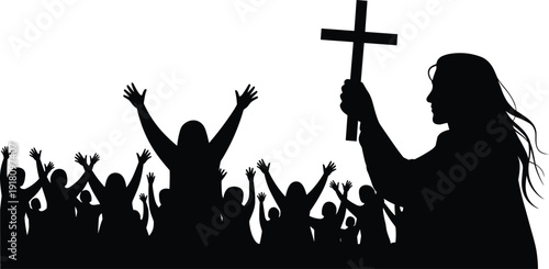 Christian worship silhouette showing praying crowd raising hands and woman holding cross. Religious faith community vector illustration isolated on white background for church design.