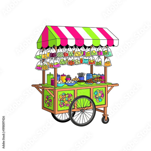 Colorful street food cart selling various snacks and drinks in plastic bags