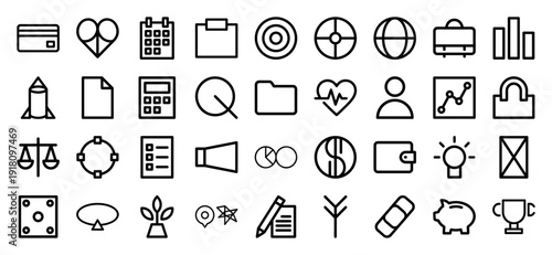 Business and finance icon collection featuring heavyweight vector pictograms of a credit card, calendar, calculator, briefcase, piggy bank, and trophy in a thick outline style.