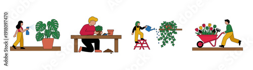 Flat Vector Gardening and Plant Care Character Element Kit for Urban Farming and Horticulture Content
