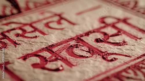 Close Up Of Hand Writing Sanskrit Text In Red Ink On Textured Paper