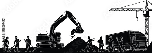 Construction site silhouettes, workers digging, raking, using tools, excavator dumping soil, crane, truck, teamwork, heavy machinery, vector illustration, flavector