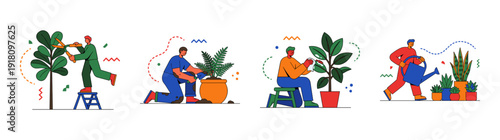 Flat Vector Gardening Activity Character Asset Sheet for Urban Plant Care and Horticulture Education