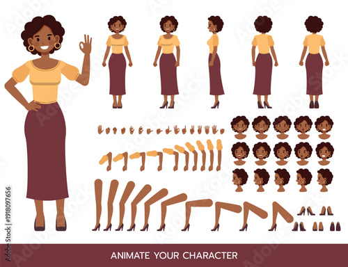 Black woman wear yellow shirt and long purple skirt character construction kit with multiple poses gestures and facial expressions for animation