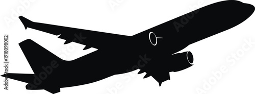 Black silhouette vector illustration of ascending commercial airplane with retracted landing gear against white background for aviation themes