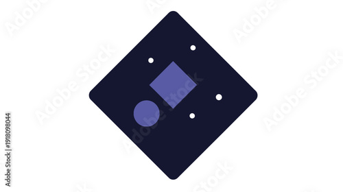 Modern abstract geometric rhombus icon with floating purple shapes and white dots on a deep indigo background, digital illustration