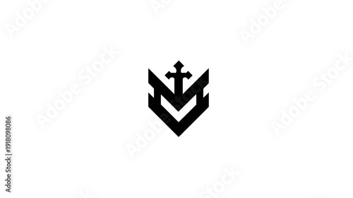 Stylized letter M V crest emblem with crown and sword. Modern heraldic logo design symbol, royal and knightly on white background.