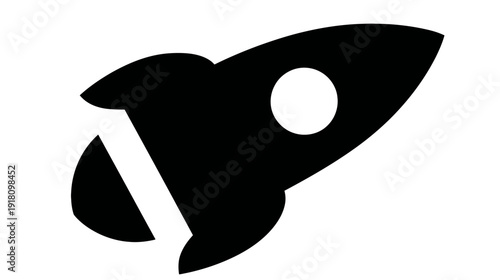 Minimalist black rocket icon with smoke trail, symbolizing launch, startup, innovation, speed, and future growth