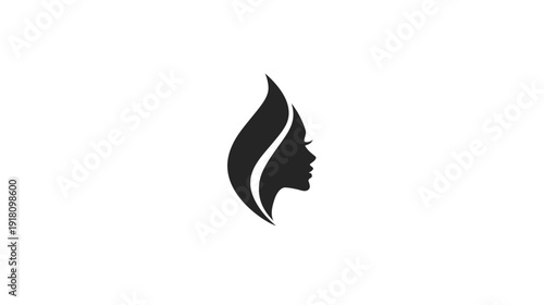 Abstract minimalist black silhouette of a female face profile integrated into a flame or leaf shape, representing beauty and elegance.