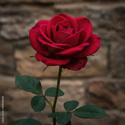 A vibrant, deep crimson red rose blooming against a backdrop of ancient stone, symbolizing enduring heritage and centuries of powerful history ,stem ,deep ,classic